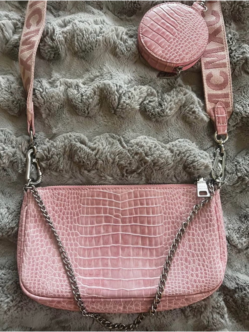 Steve Madden Pink Croc-Embossed Shoulder Bag with Coin Pouch